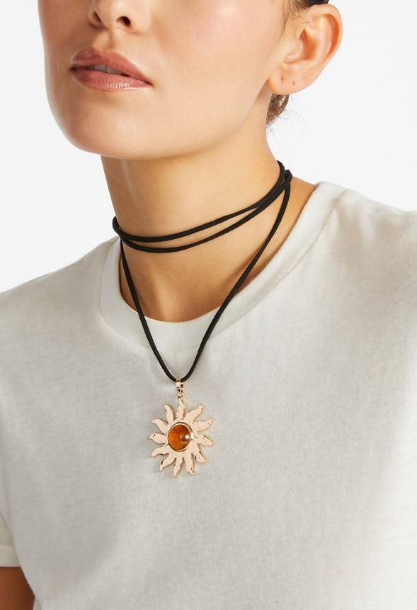 Gracie Suede Cord Necklace With Hammered Metal Sun Drop Brown/ Gold