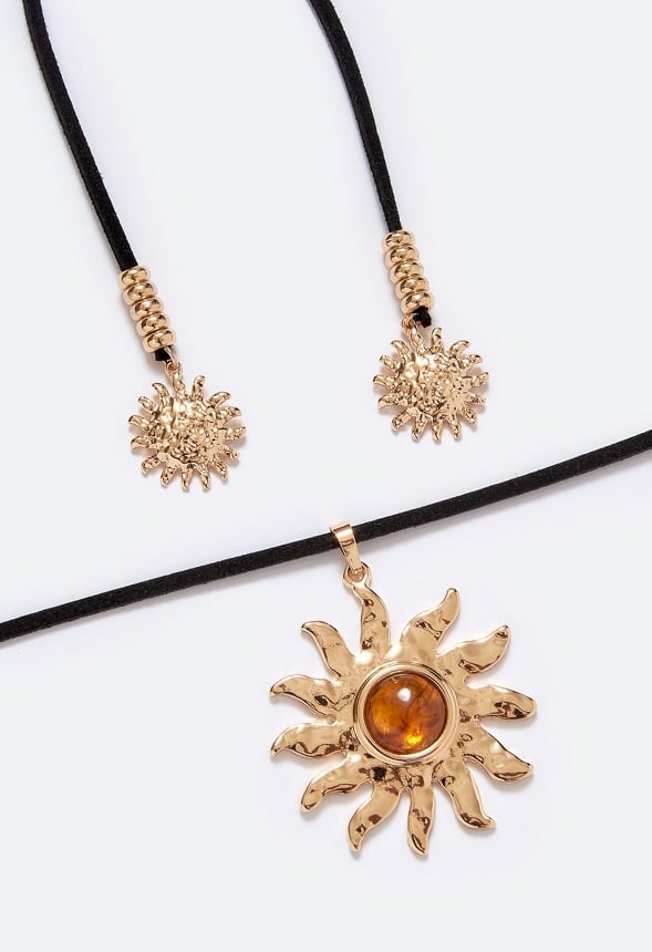 Gracie Suede Cord Necklace With Hammered Metal Sun Drop Brown/ Gold