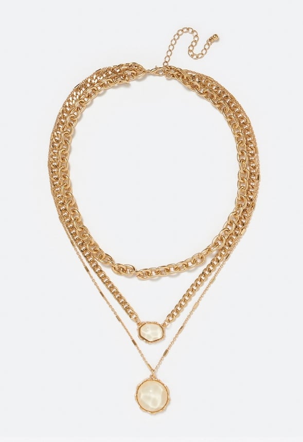 3-Row Lara Mix Chain And Organic Drop Necklace Gold