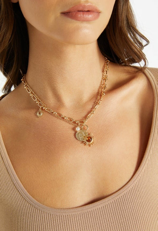 2-Row Sky Chain Necklace With Brown Inlay Sun Drop Brown/ Gold