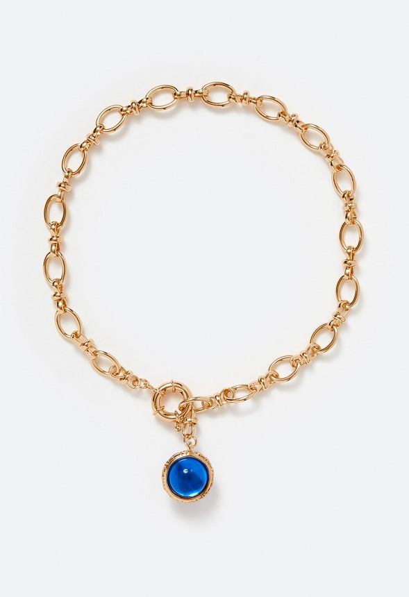 Bree Oval Link Chain Necklace With Glass Bead Drop Blue/ Gold