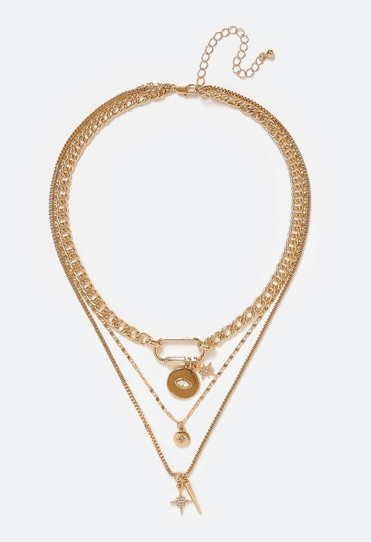 3-Rows Kate Necklace With Mix Charms And Carabiner Clasp Crystal/ Gold