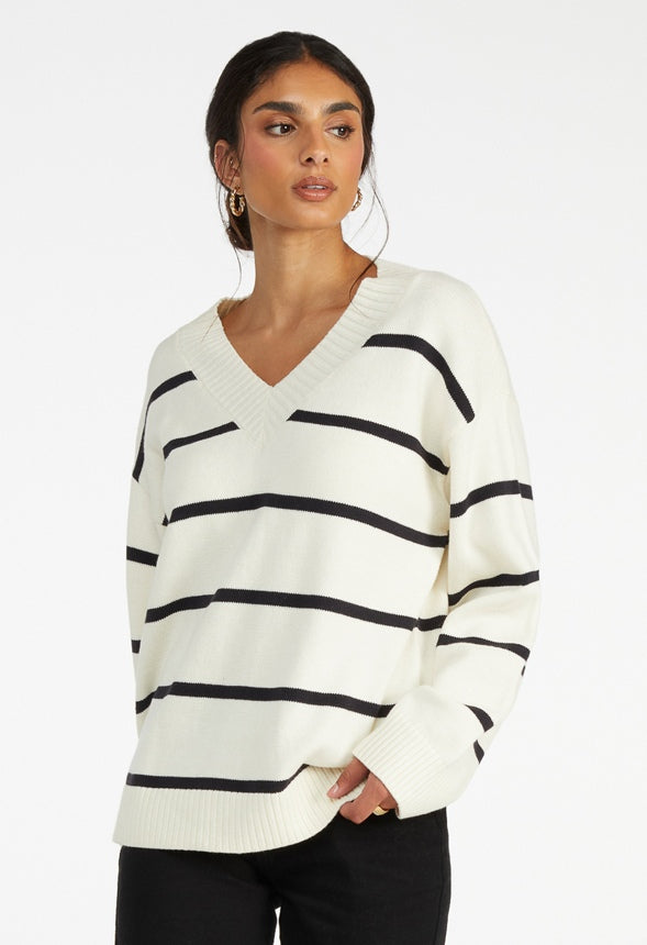 Oversized V-Neck Sweater Egret/ Black Caviar Stripe
