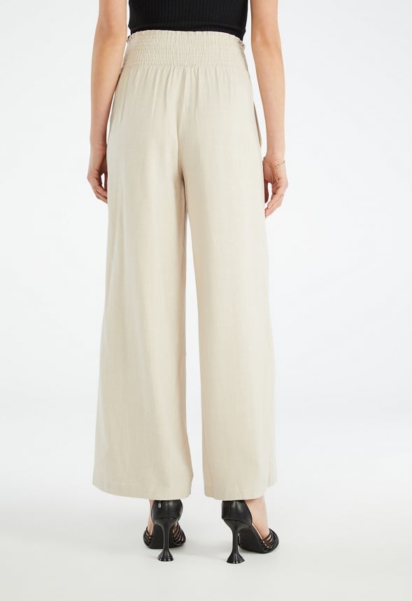 Smocked Wide Leg Trousers Cement Beige