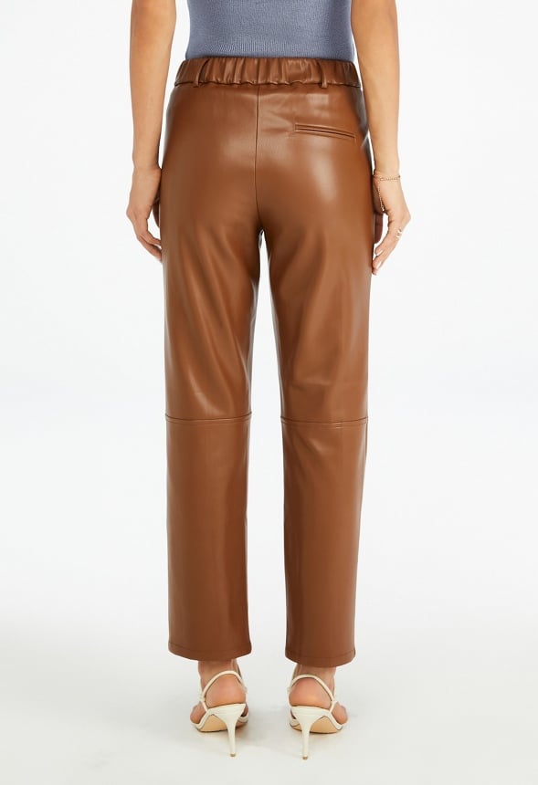 Faux Leather Straight Crop Trousers Coffee
