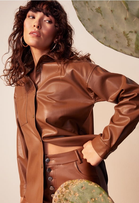 Faux Leather Straight Crop Trousers Coffee