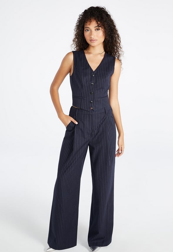 Pinstripe Wide Leg Trousers Navy Stripe