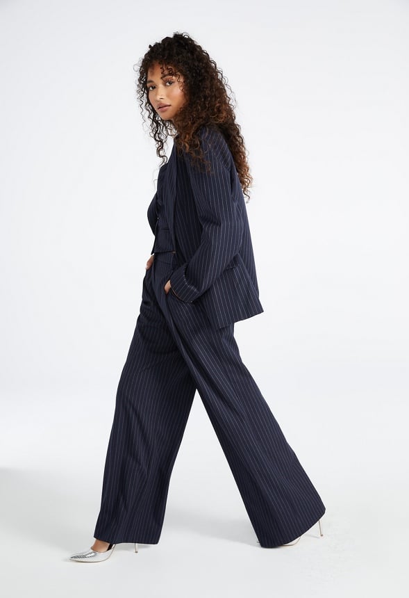 Pinstripe Wide Leg Trousers Navy Stripe