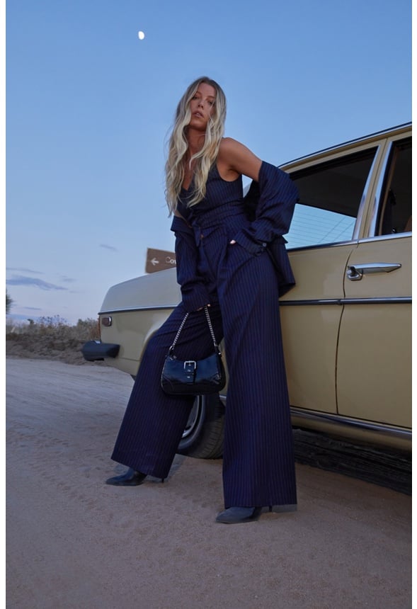 Pinstripe Wide Leg Trousers Navy Stripe