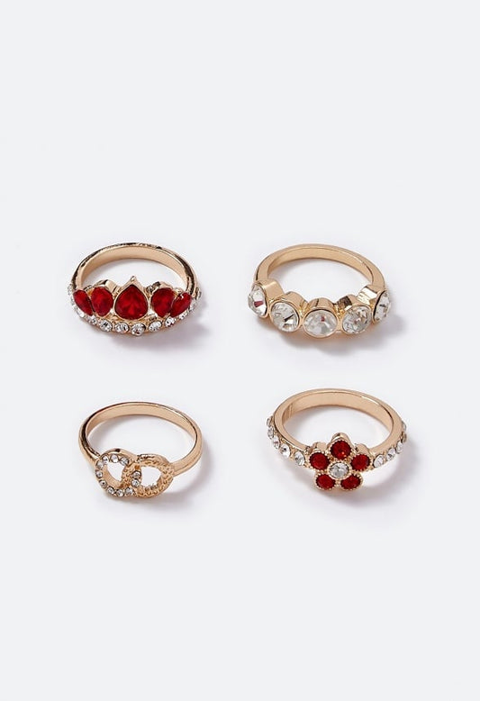Sara Flower and Navette Mixed Ring Stack Red/ Gold