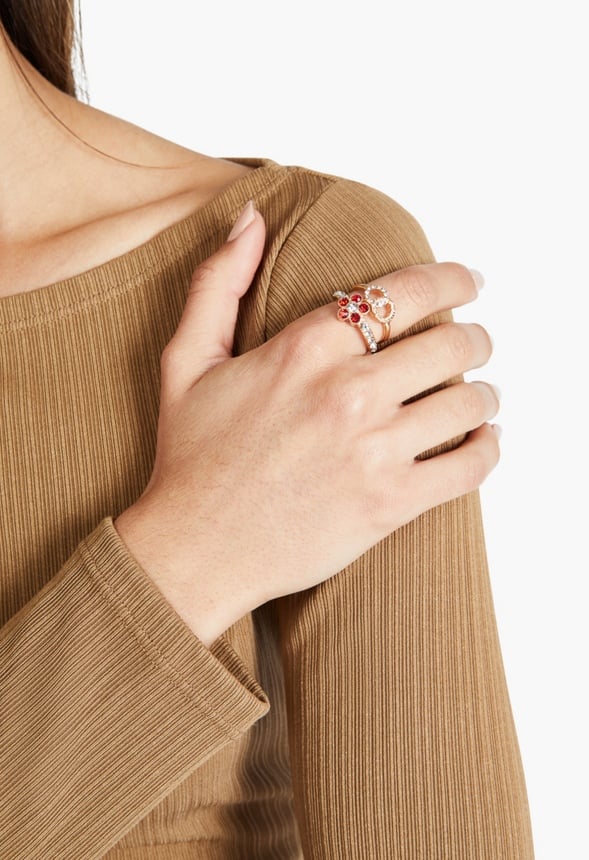 Sara Flower and Navette Mixed Ring Stack Red/ Gold
