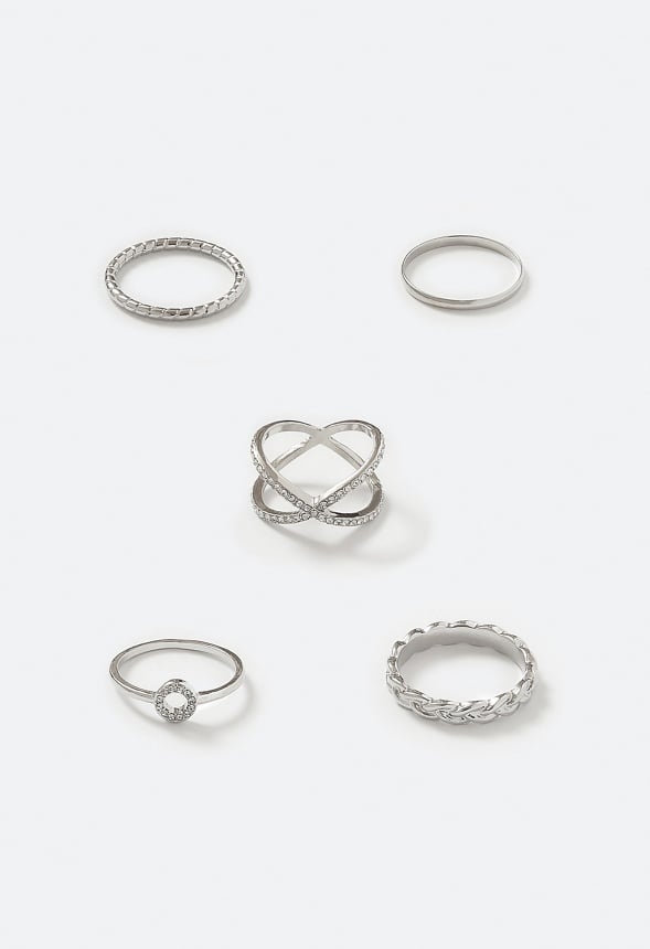 Zahra 5-Mixed Rings With Glass Stones & Crossover Detail Silver 