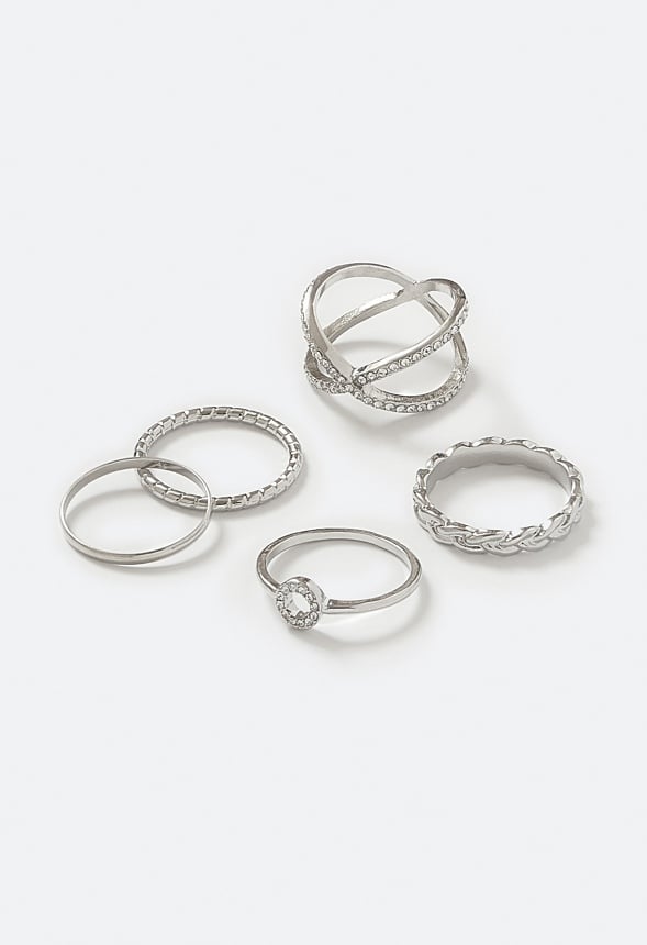 Zahra 5-Mixed Rings With Glass Stones & Crossover Detail Silver 