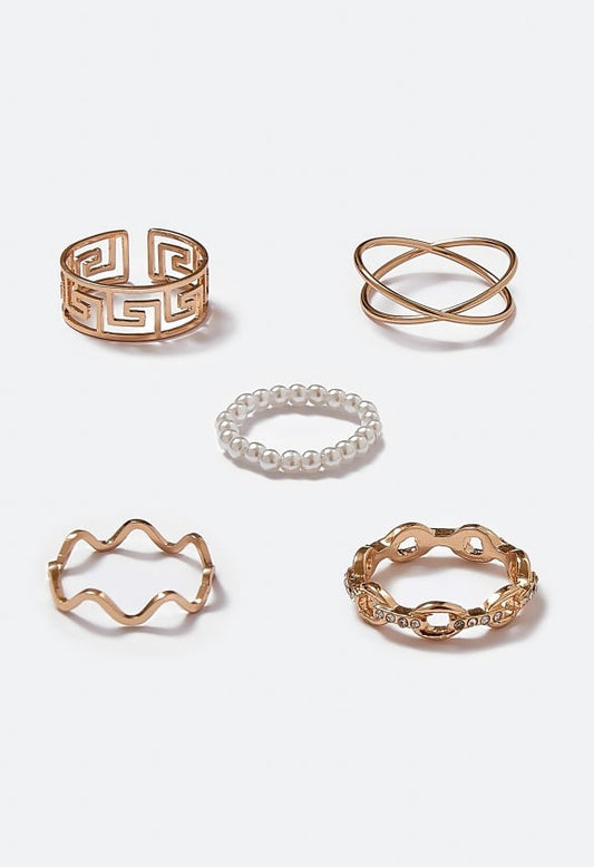 Rene Glass Pearls And Mix Motif Rings Pack Gold