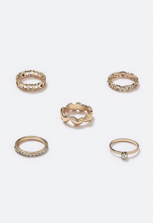 Fray Mix Heart Rings Pack With Glass Stones Detail Crytsal/ Gold
