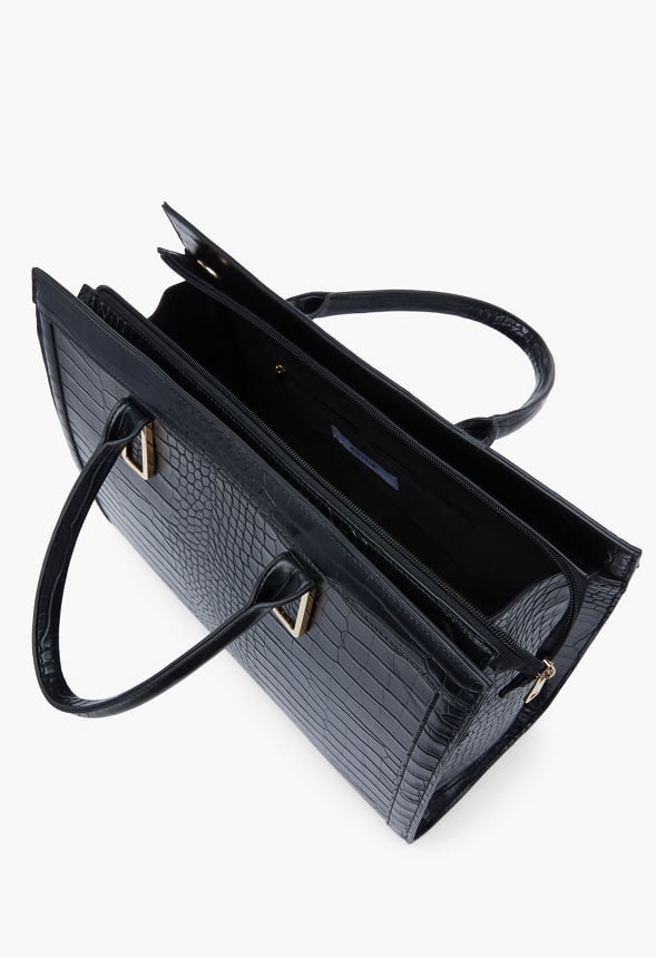 Paneled Satchel With Bracket Handles Black