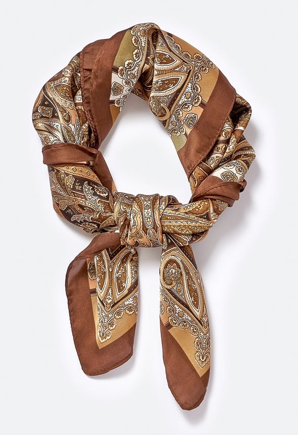 Maddison Silk Like Champagne Paisley Scarf Brown/ Multi
