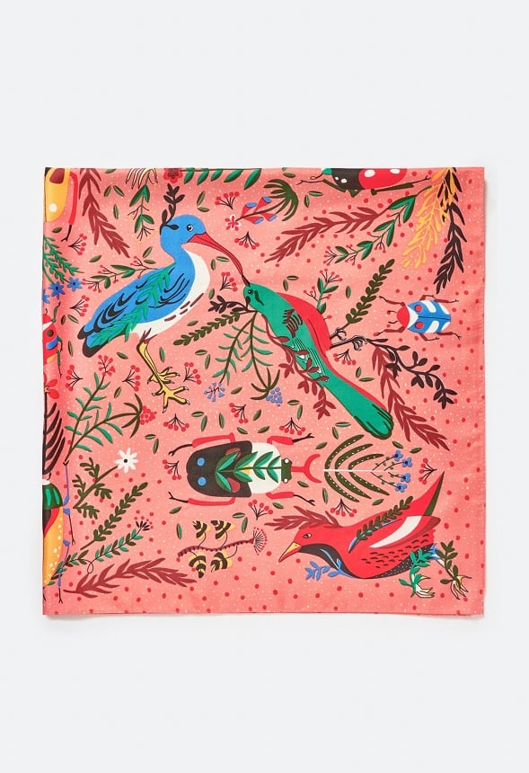 Eli Multicoloured Birds Print Silk Like Scarf Orange Mix/ Fabric
