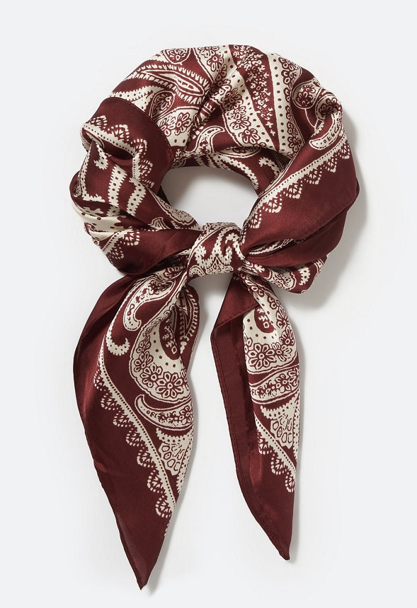 Reyna Paisley Print Silklike Square Scarf Burgundy/Cream