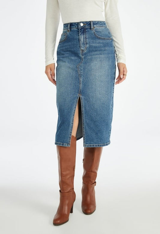 Evan Denim Midi Skirt Frequency