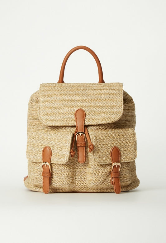 Flap Rucksack With Buckles Natural Multi