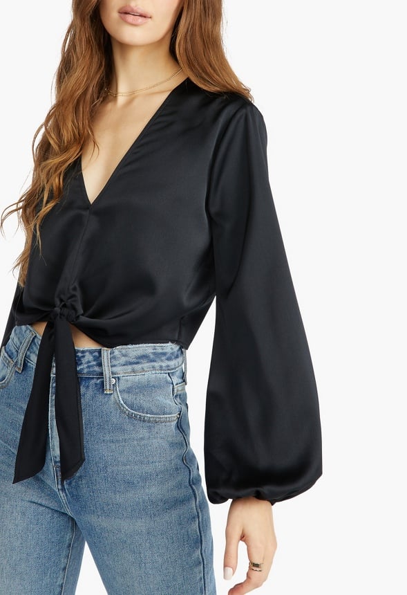 Front Tie Blouson Sleeve Blouse Black Caviar
