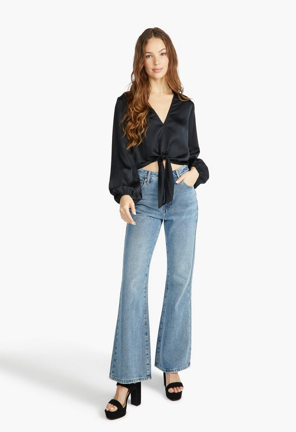 Front Tie Blouson Sleeve Blouse Black Caviar