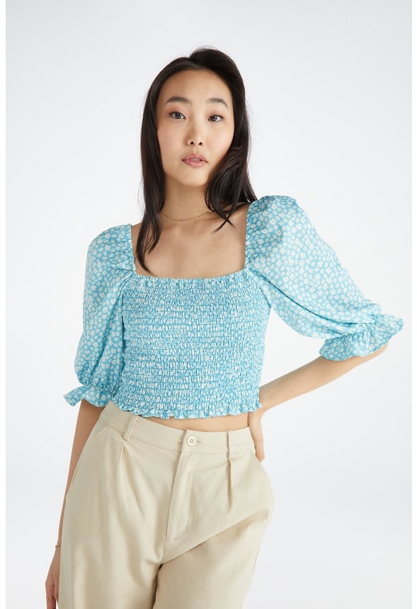 Printed Smocking Top Blue Grotto Multi