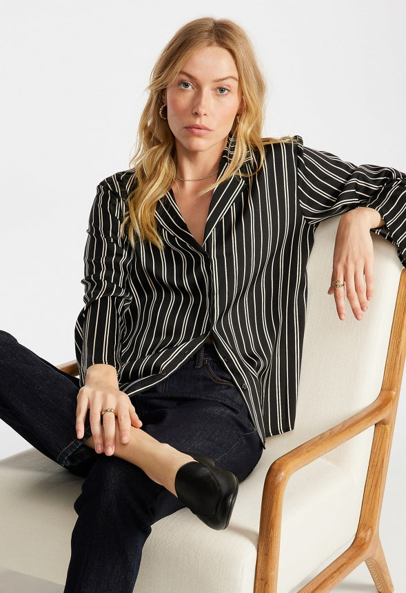 Silky Resort Shirt Black Caviar/ Beige Stripe